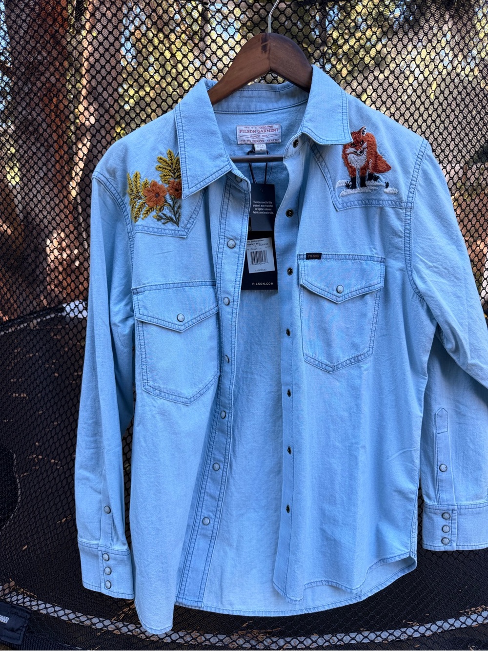 Filson Light Blue Western Shirt with Fox & Floral Embroidery Women’s M